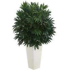 Nearly Natural Double Bamboo Palm Artificial Plant In White Tower Vase