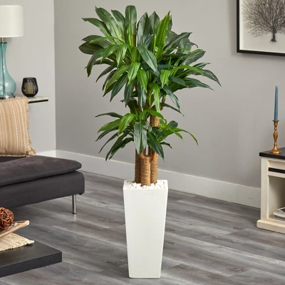 Nearly Natural 5-ft Cornstalk Dracaena Artificial Plant In White Tower Planter 3 Nearly Natural 5-ft Cornstalk Dracaena Artificial Plant In White Tower Planter