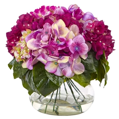 Nearly Natural Multi-Tone Beauty Hydrangea With Round Glass Vase, Beauty 4 Nearly Natural Multi-Tone Beauty Hydrangea With Round Glass Vase, Beauty - Image 2