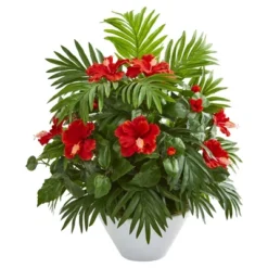 Nearly Natural Hibiscus And Areca Palm Artificial Plant In White Bowl