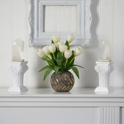Nearly Natural Tulip Artificial Arrangement In Decorative Vase, White 4 Nearly Natural Tulip Artificial Arrangement In Decorative Vase, White - Image 2
