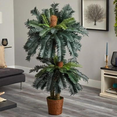 Nearly Natural 5-ft And 3-ft Double Sago Palm Artificial Tree With Basket 4 Nearly Natural 5-ft And 3-ft Double Sago Palm Artificial Tree With Basket - Image 2