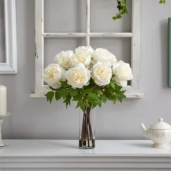 Nearly Natural 22-in Artificial Peony Arrangement With Cylinder Glass Vase